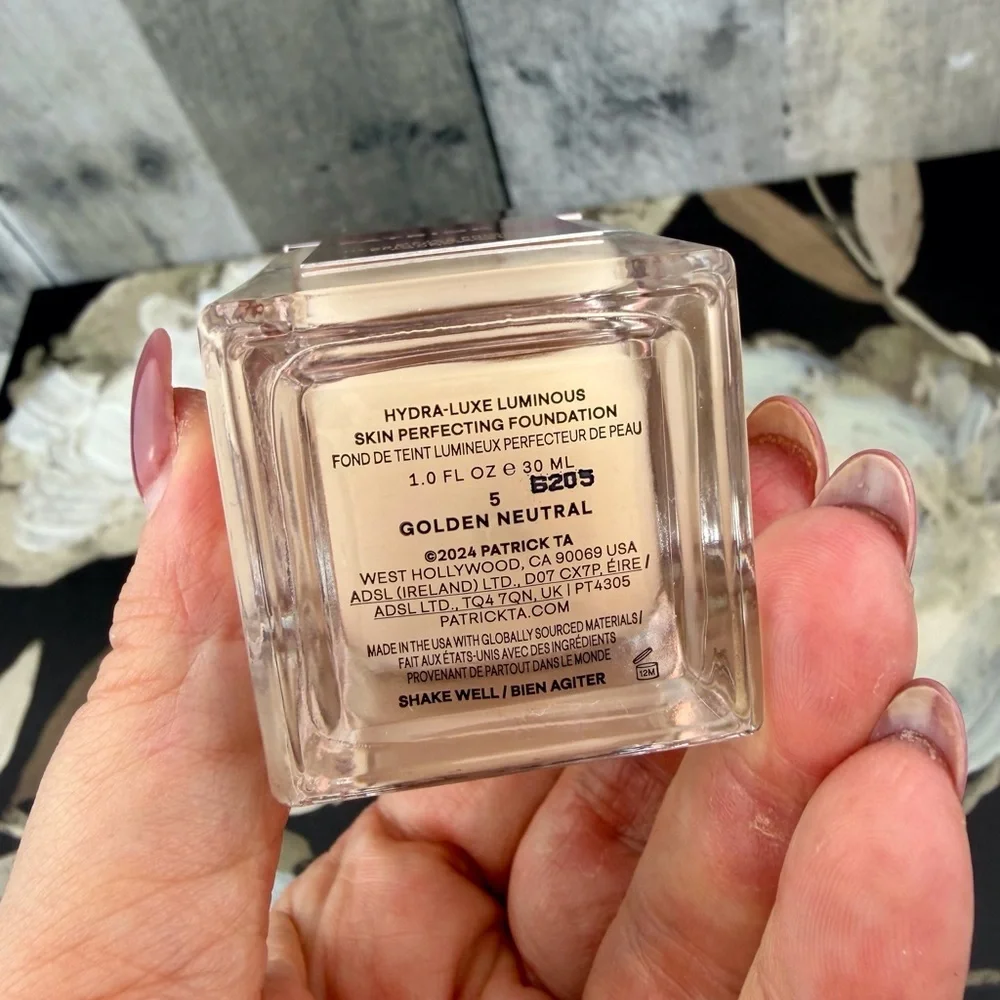 Patrick Ta Hydra Luxe Luminous Skin Perfecting Foundation in Golden Neutral.